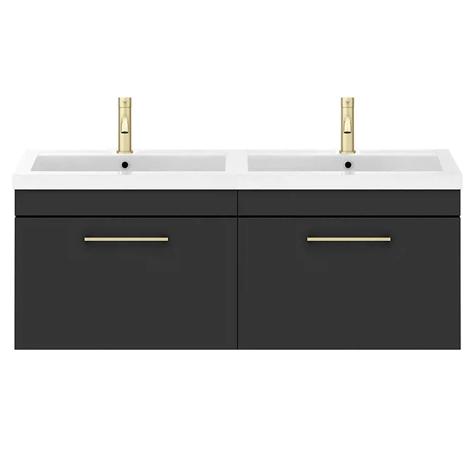 Arezzo Matt Black Wall Hung Double Basin Vanity Unit - 1205mm with Brushed Brass Handles - Image 3