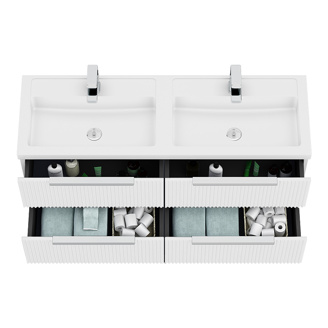 Venice Fluted 1205mm White Vanity Unit - Wall Hung 4 Drawer Double Basin with Chrome Handles - Image 3