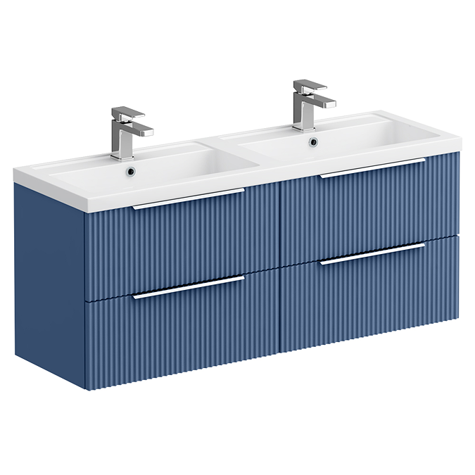Venice Fluted 1205mm Blue Vanity Unit - Wall Hung 4 Drawer Double Basin with Chrome Handles