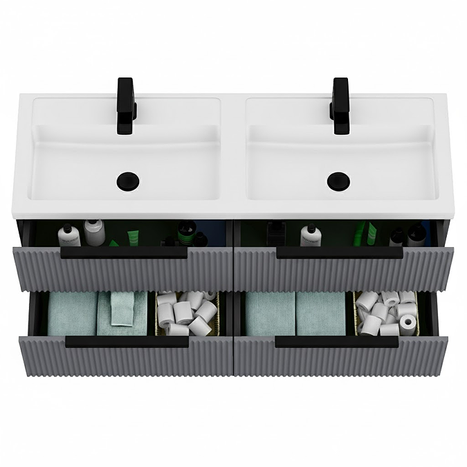 Venice Fluted 1205mm Grey Vanity Unit - Wall Hung 4 Drawer Double Basin with Matt Black Handles