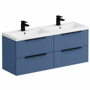 Venice Fluted 1205mm Blue Vanity Unit - Wall Hung 4 Drawer Double Basin with Matt Black Handles