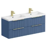 Venice Fluted 1205mm Blue Vanity Unit - Wall Hung 4 Drawer Double Basin with Brushed Brass Handles