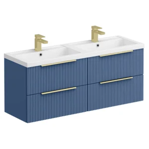 Venice Fluted 1205mm Blue Vanity Unit - Wall Hung 4 Drawer Double Basin with Brushed Brass Handles