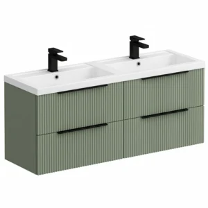 Venice Fluted 1205mm Green Vanity Unit - Wall Hung 4 Drawer Double Basin with Matt Black Handles