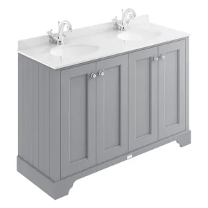 Bayswater Plummett Grey 1200mm 4 Door Vanity Unit & 1TH White Marble Double Bowl Basin Top