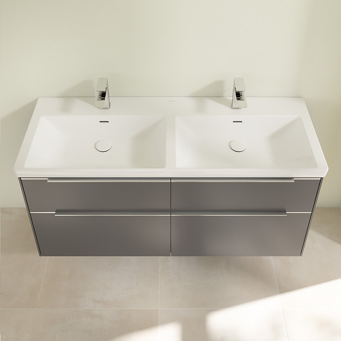 Villeroy and Boch Subway 3.0 Graphite 1300mm Wall Hung 4-Drawer Double Basin Vanity Unit with Glossy Aluminium Handle - Image 3