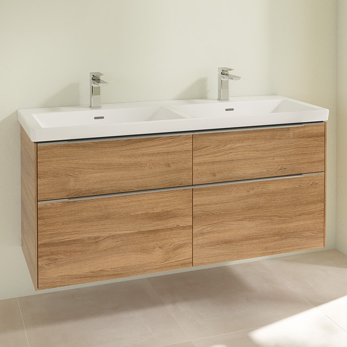 Villeroy and Boch Subway 3.0 Kansas Oak 1300mm Wall Hung 4-Drawer Double Basin Vanity Unit with Glossy Aluminium Handle
