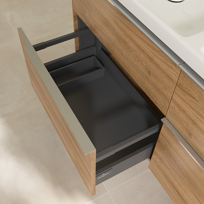 Villeroy and Boch Subway 3.0 Kansas Oak 1300mm Wall Hung 4-Drawer Double Basin Vanity Unit with Glossy Aluminium Handle - Image 3