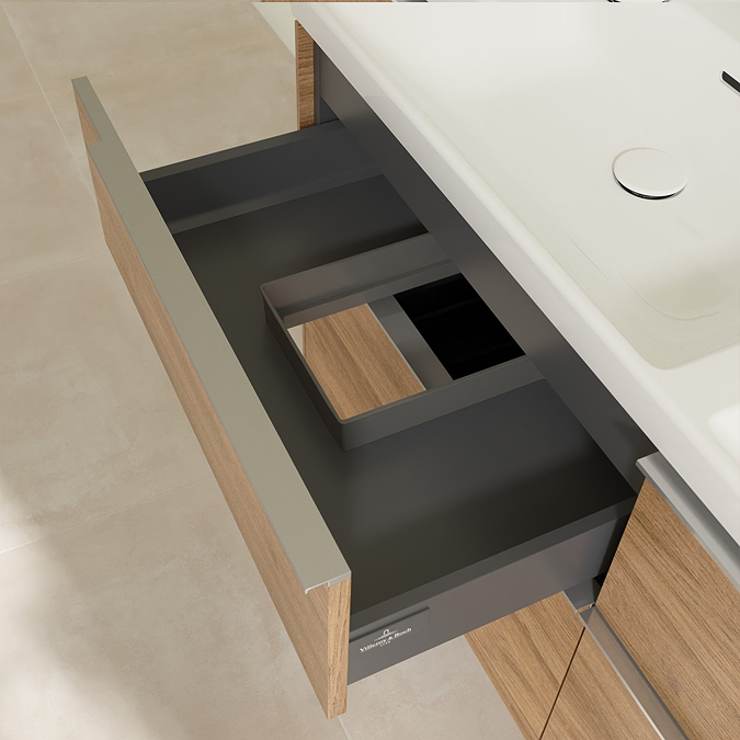 Villeroy and Boch Subway 3.0 Kansas Oak 1300mm Wall Hung 4-Drawer Double Basin Vanity Unit with Glossy Aluminium Handle - Image 2