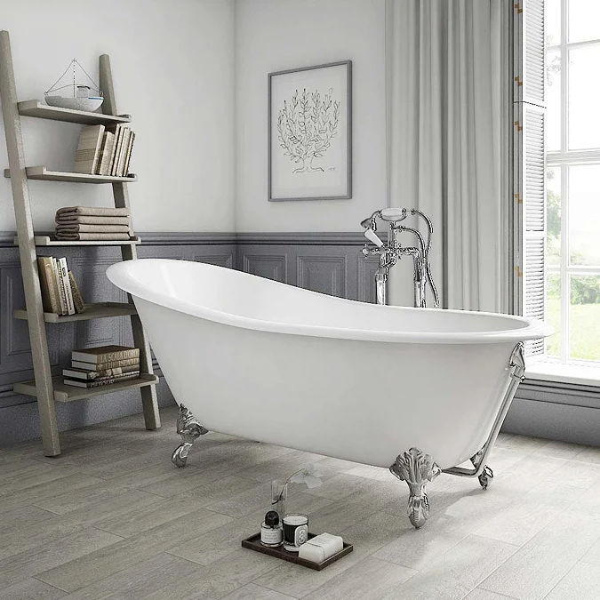 Thames Cast Iron Bath with Chrome Feet (1700 x 780mm Slipper Flat Rim)