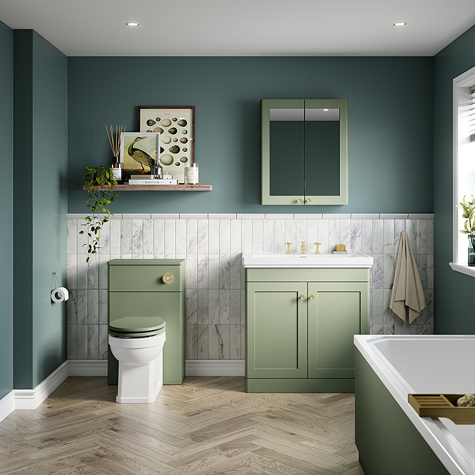 Roxbury Traditional 600mm Satin Green Mirror Cabinet with Brushed Brass Handles - Image 2