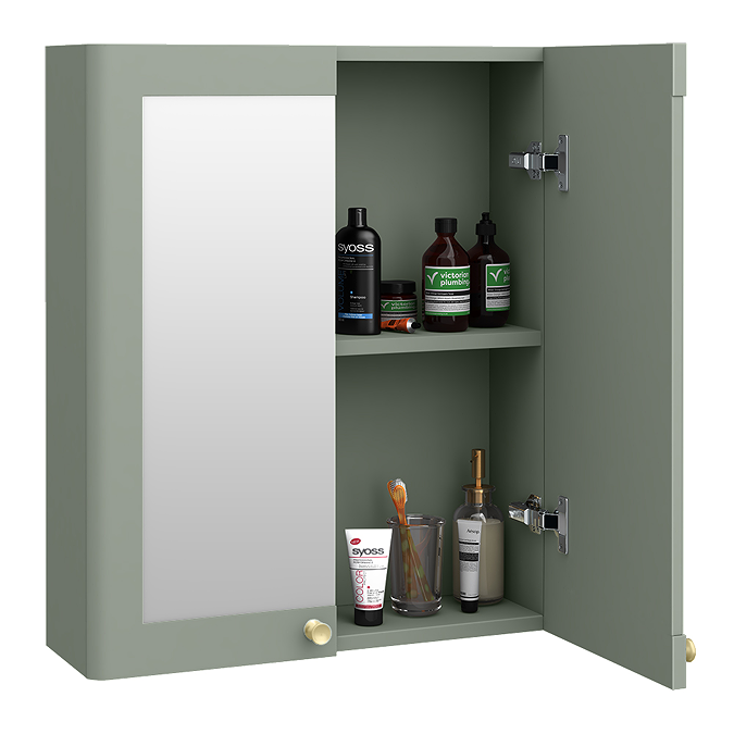 Roxbury Traditional 600mm Satin Green Mirror Cabinet with Brushed Brass Handles - Image 4