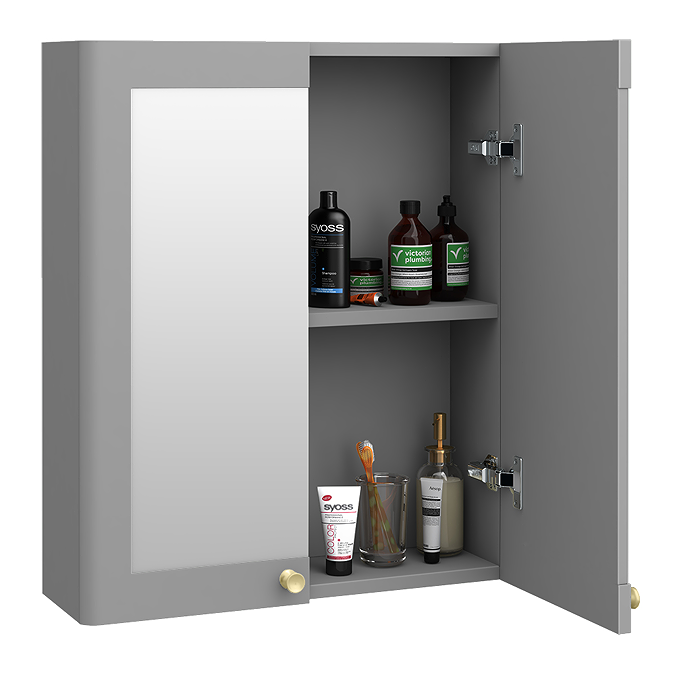 Roxbury Traditional 600mm Satin Grey Mirror Cabinet with Brushed Brass Handles - Image 3