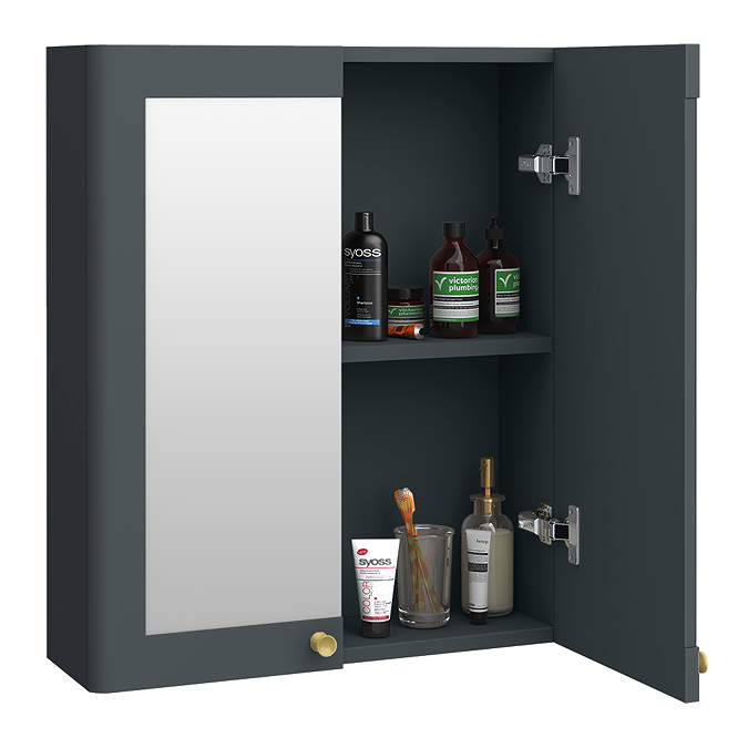 Roxbury Traditional 600mm Satin Anthracite Mirror Cabinet with Brushed Brass Handles - Image 3