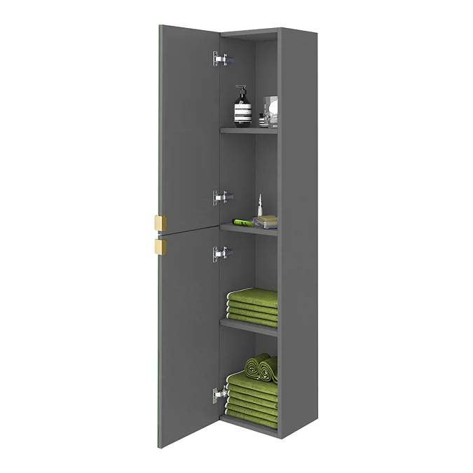 Arezzo Matt Grey Mirrored Wall Hung Tall Storage Cabinet with Brushed Brass Handles - Image 3
