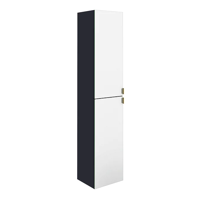 Arezzo Matt Blue Mirrored Wall Hung Tall Storage Cabinet with Brushed Brass Handles