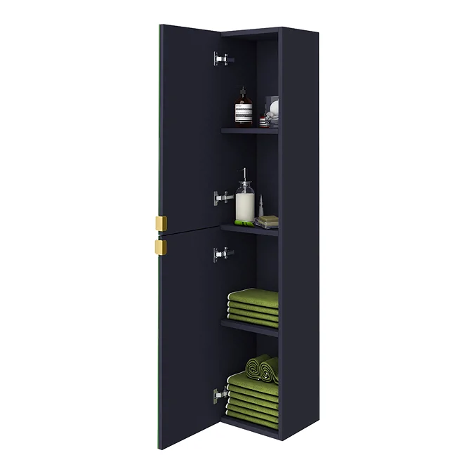 Arezzo Matt Blue Mirrored Wall Hung Tall Storage Cabinet with Brushed Brass Handles - Image 3