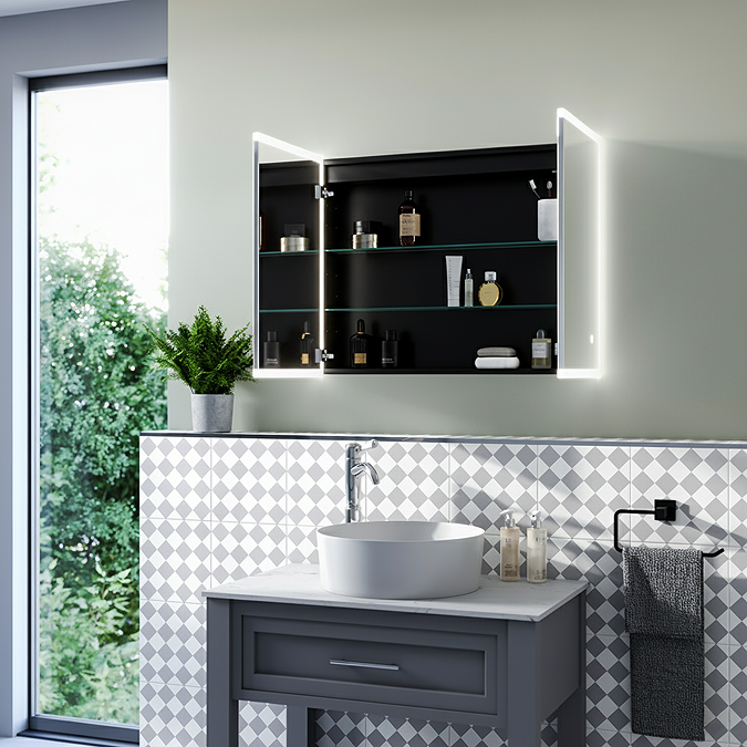 Arezzo 800 x 600mm Recessed LED Illuminated Bathroom Mirror Cabinet with Shaver Socket, Anti-Fog & Dimmer - Image 3