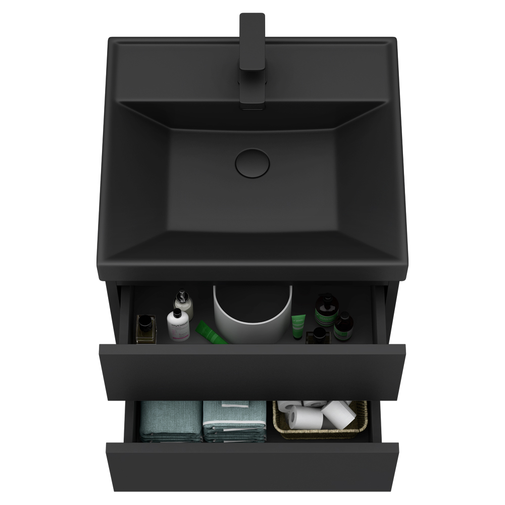 Atlas 500mm Matt Black 2-Drawer Wall Hung Vanity Unit with Matt Black Basin - Image 5