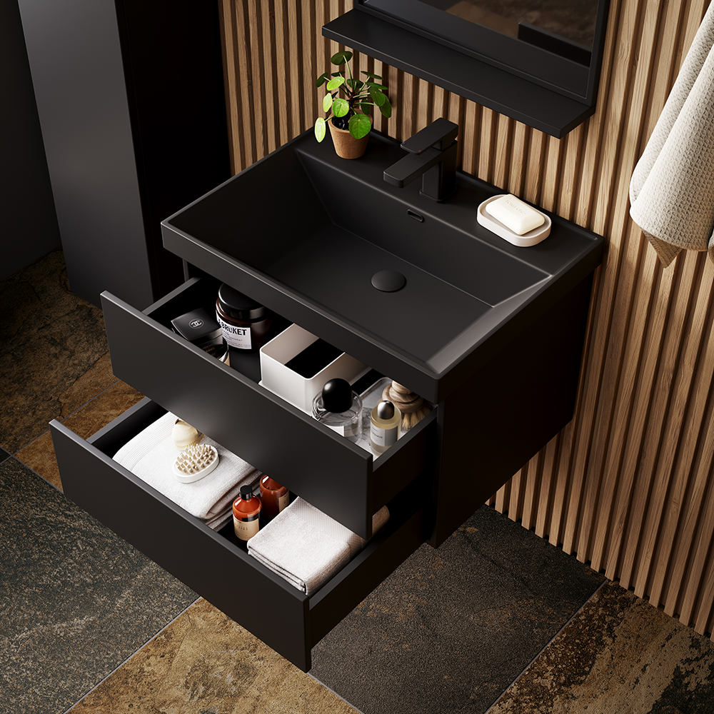 Atlas 500mm Matt Black 2-Drawer Wall Hung Vanity Unit with Matt Black Basin - Image 2