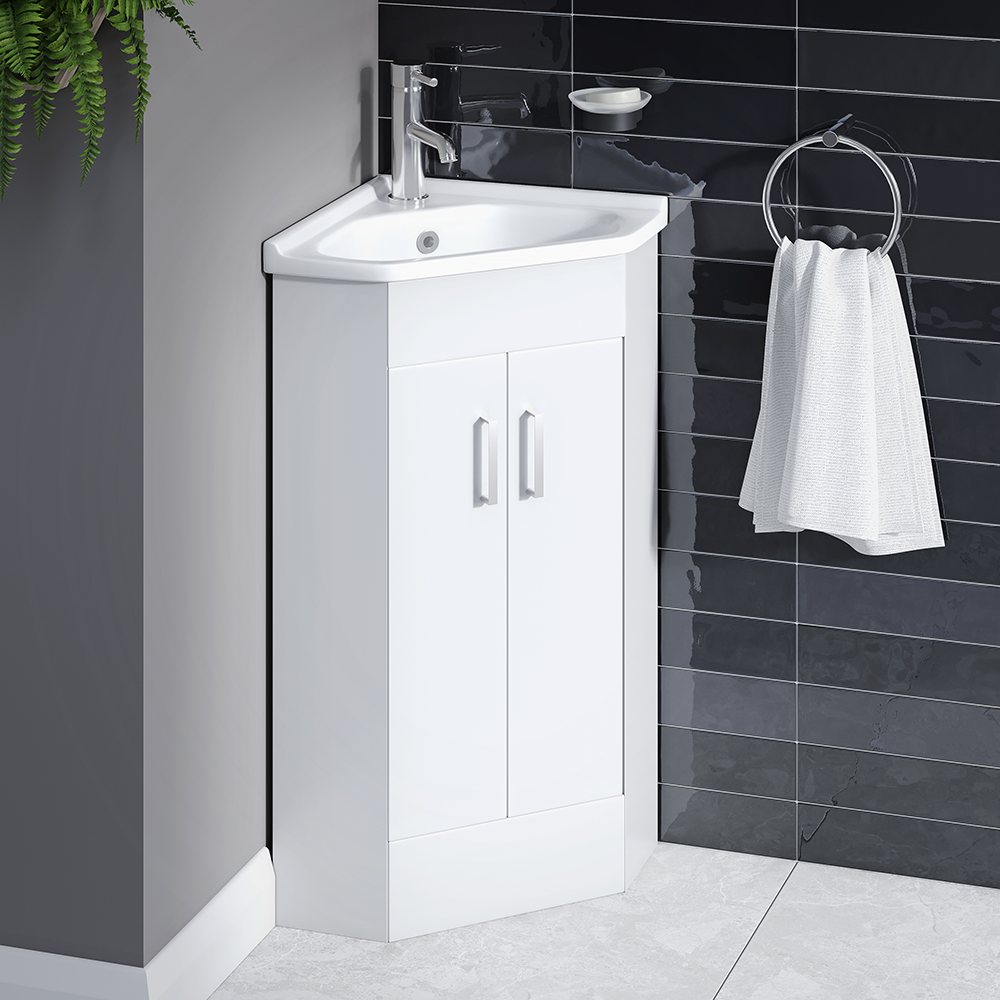 Alaska Corner Vanity Unit - Gloss White - 590mm with Chrome Handles - Image 7
