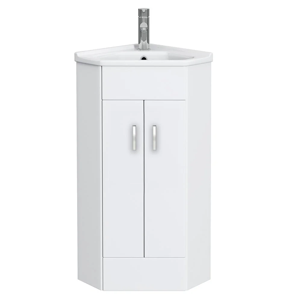 Alaska Corner Vanity Unit - Gloss White - 590mm with Chrome Handles