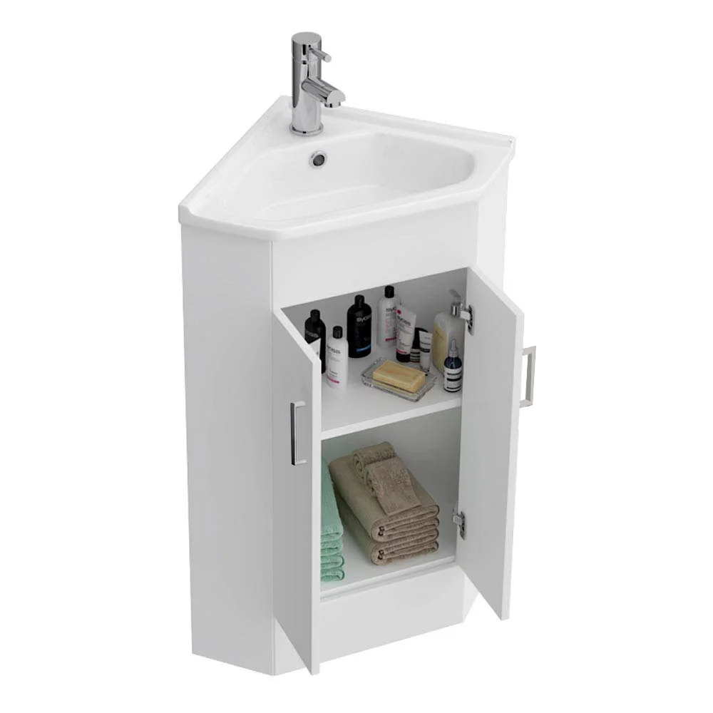 Alaska Corner Vanity Unit - Gloss White - 590mm with Chrome Handles - Image 6
