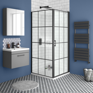 Arezzo 1000 x 900 Matt Black Grid Frameless Pivot Door Shower Enclosure + Tray