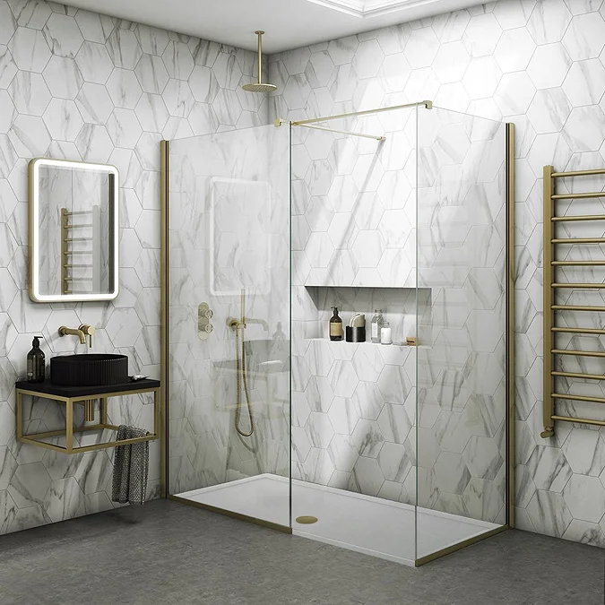 Arezzo Brushed Brass 10mm Glass 1400 x 800 Wet Room (with Screen, Side Panel + Tray)