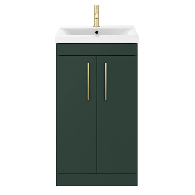 Arezzo 500 Matt Dark Green Floor Standing Vanity Unit with Brushed Brass Handles - Image 4