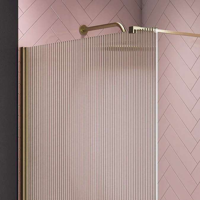 Arezzo 1400 x 900 Fluted Glass Brushed Brass Walk In Enclosure (inc. Main Screen, Side Panel + Tray) - Image 3
