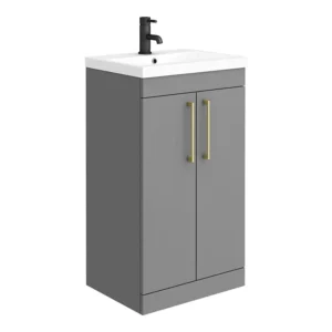 Arezzo 500 Matt Grey Floor Standing Vanity Unit with Brushed Brass Handles
