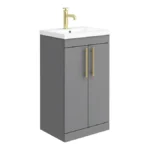 Arezzo Floor Standing Vanity Unit - Matt Grey - 500mm with Industrial Style Brushed Brass Handles