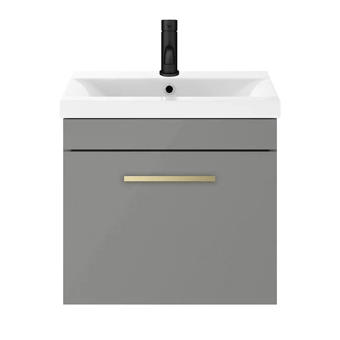 Arezzo 500 Matt Grey Wall Hung 1-Drawer Vanity Unit with Brushed Brass Handle - Image 4
