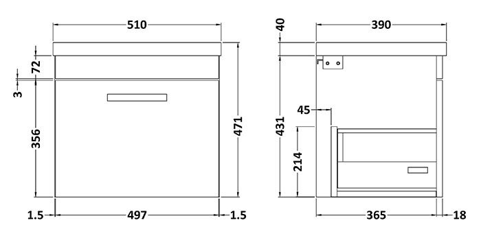 Arezzo 500 Matt Grey Wall Hung 1-Drawer Vanity Unit with Matt Black Handle - Image 8