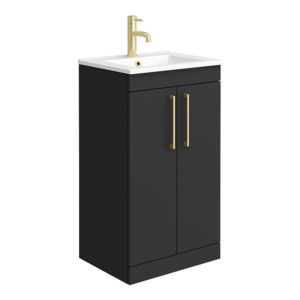Arezzo 500 Matt Black Floor Standing Vanity Unit with Gloss White Slimline Basin + Brushed Brass Handles