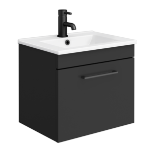 Arezzo 500 Matt Black Wall Hung 1-Drawer Vanity Unit with White Slimline Basin + Matt Black Handle