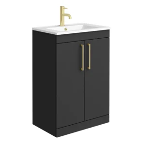 Arezzo 600 Matt Black Floor Standing Vanity Unit with Gloss White Slimline Basin + Brushed Brass Handles