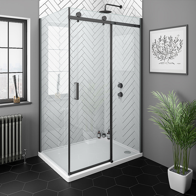 Arezzo Matt Black 1000 x 700 Frameless Sliding Door Shower Enclosure - Image 3