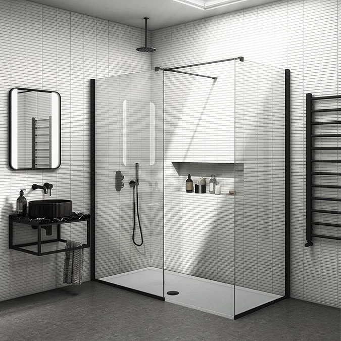 Arezzo Matt Black 10mm Glass 1700 x 800 Wet Room (with Screen, Side Panel + Tray)