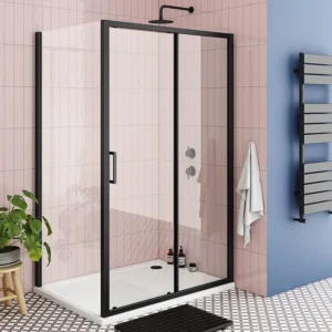 Toreno Matt Black 1200 x 900mm Sliding Door Shower Enclosure + Pearlstone Tray