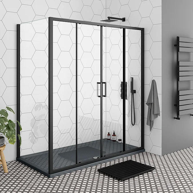 Toreno Matt Black 1400 x 900mm Double Sliding Door Shower Enclosure + Slate Effect Tray