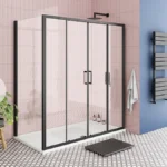 Toreno Matt Black 1700 x 700mm Double Sliding Door Shower Enclosure + Pearlstone Tray