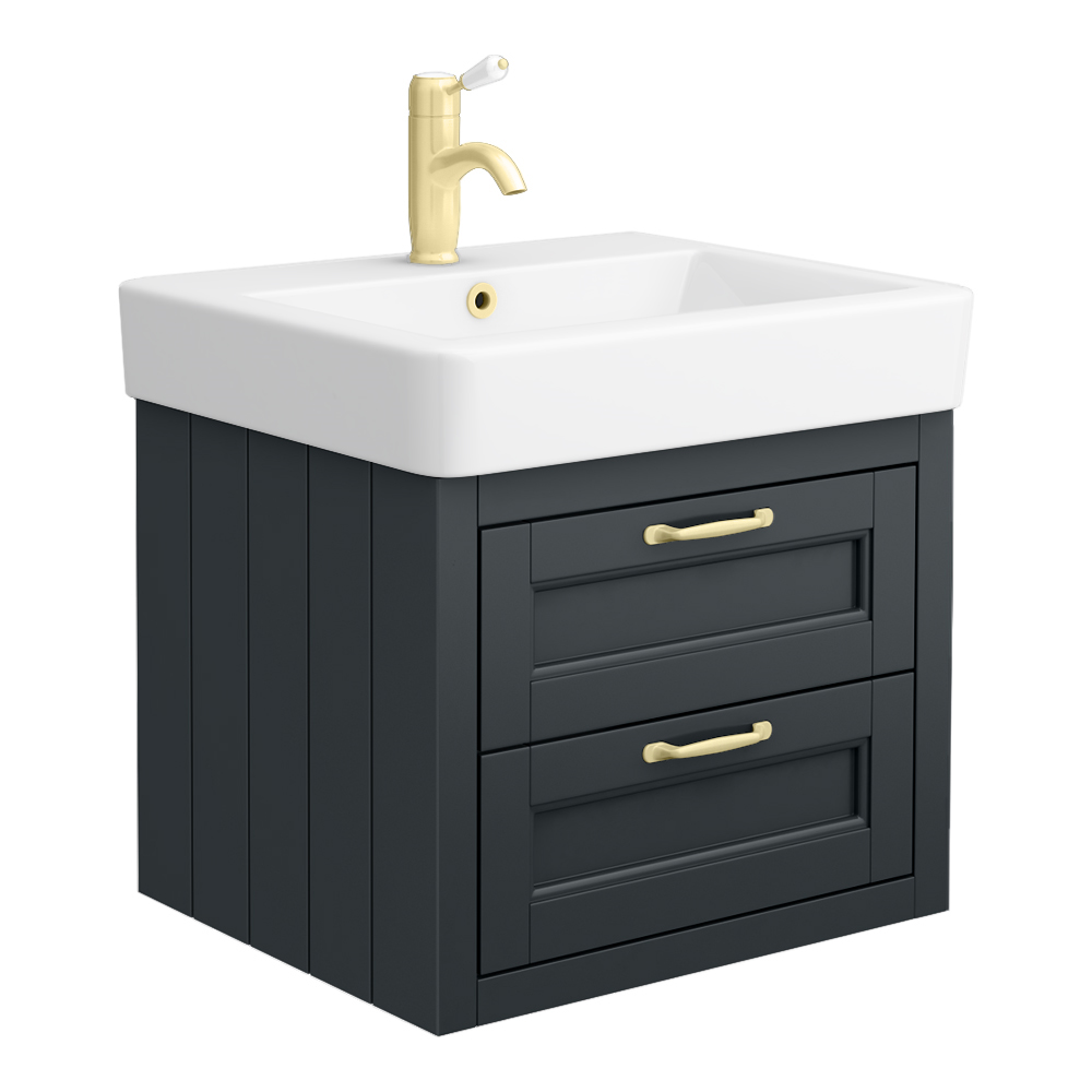 Chatsworth Graphite Wall Hung 2 Drawer Vanity - 560mm with Brushed Brass Handles