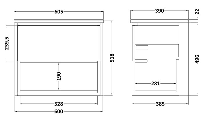 Haywood Gloss White / Natural Oak Wall Hung Countertop Vanity - 600mm w. Open Shelf + Bellato Grey Worktop - Image 2