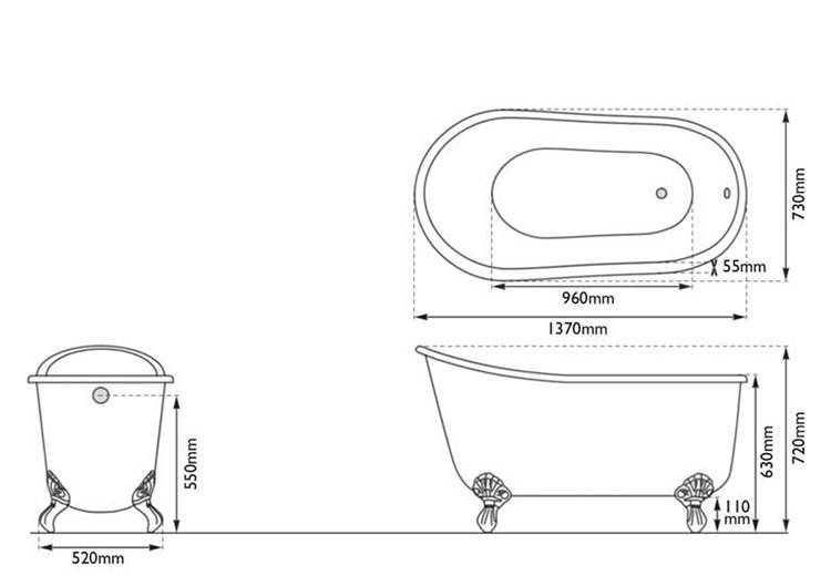 Hurlingham Shelley 0TH Cast Iron Bath (1370 x 730mm) Chrome Feet - Image 2