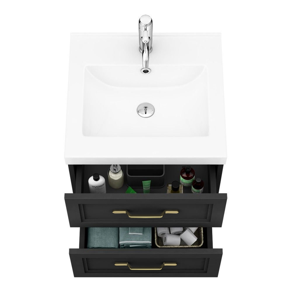 Trafalgar Wall Hung Vanity - Matt Black - 500mm 2 Drawer with Brushed Brass Handles - Image 2