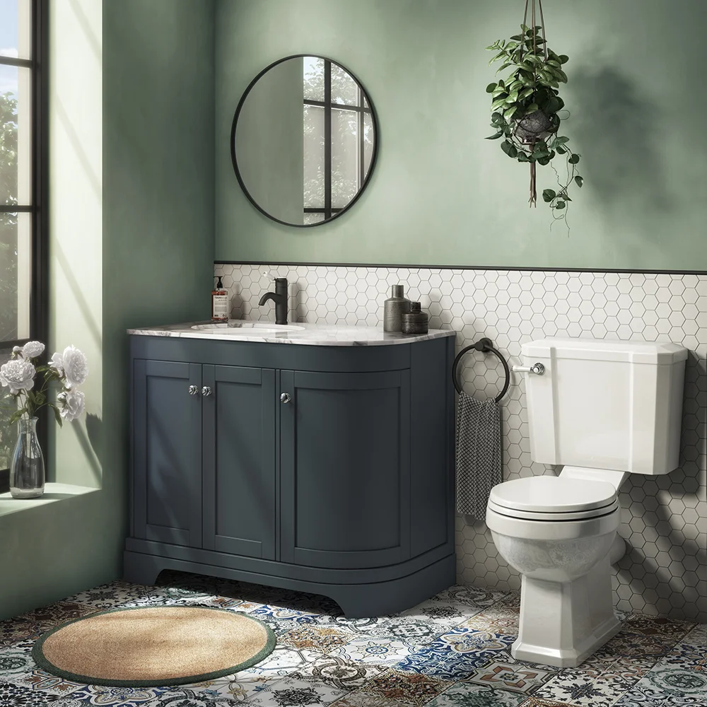 Period Bathroom Co. 920mm LH Offset Vanity Unit with White Marble Basin Top - Dark Grey - Image 3