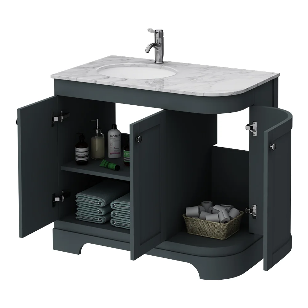 Period Bathroom Co. 920mm LH Offset Vanity Unit with White Marble Basin Top - Dark Grey - Image 2