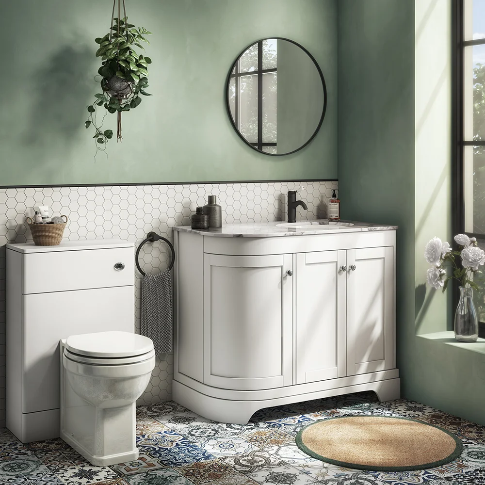 Period Bathroom Co. 920mm RH Offset Vanity Unit with White Marble Basin Top - White - Image 4